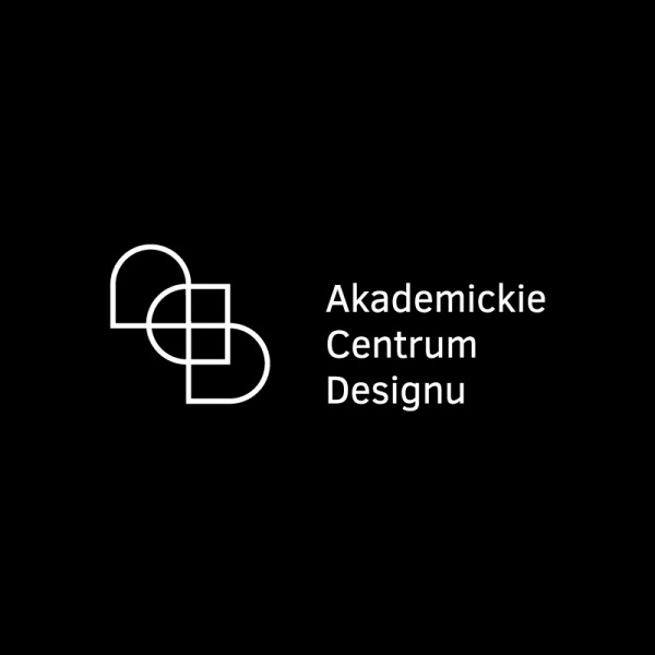 białe logo akademickie centrum designu, z napisem, na czarnym tle 