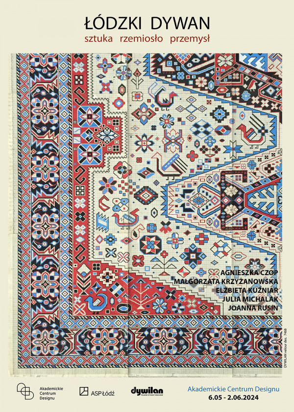 plakat we wzorze dywanu – z wieloma fikuśnymi elementami – wszystko jest w kolorach: beżowym, niebieskim, czerwonym i granatowym